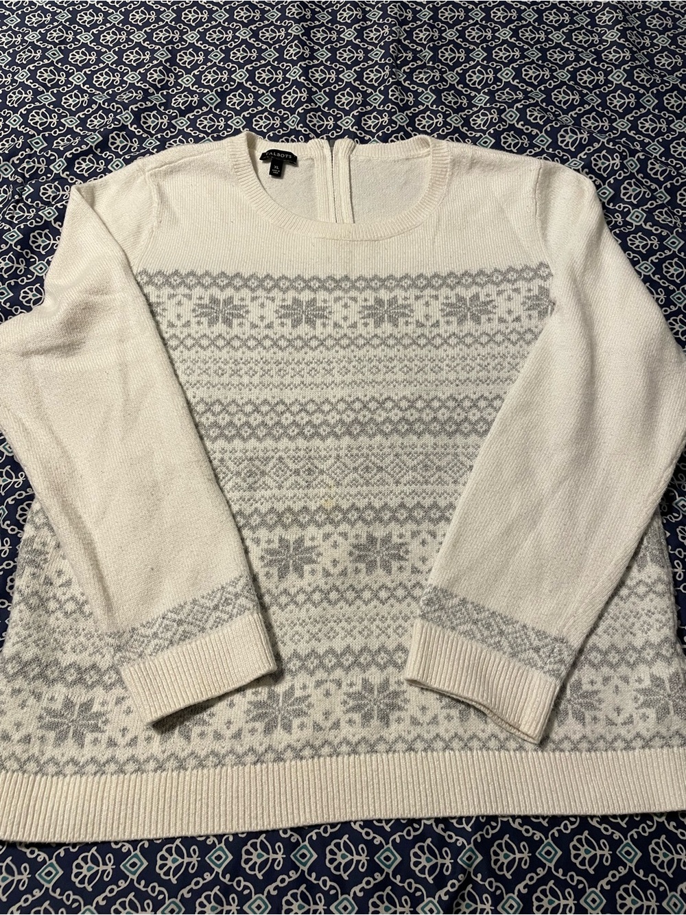 Talbots Cream Crewneck Sweater with Light Gray Fair Isle Pattern
